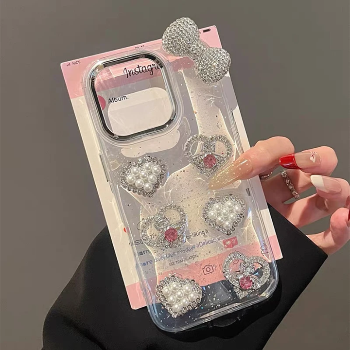 Luxury Diamond Heart Pearl Design Phone case for iphone 17 Pro case Transparent Rhinestone Bows Phone Cover for iphone 16 15 14