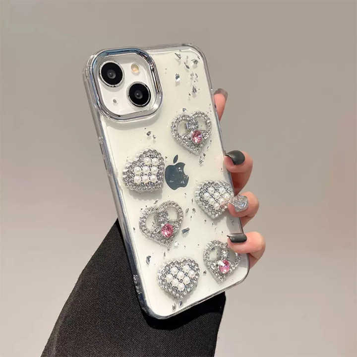 Luxury Diamond Heart Pearl Design Phone case for iphone 17 Pro case Transparent Rhinestone Bows Phone Cover for iphone 16 15 14