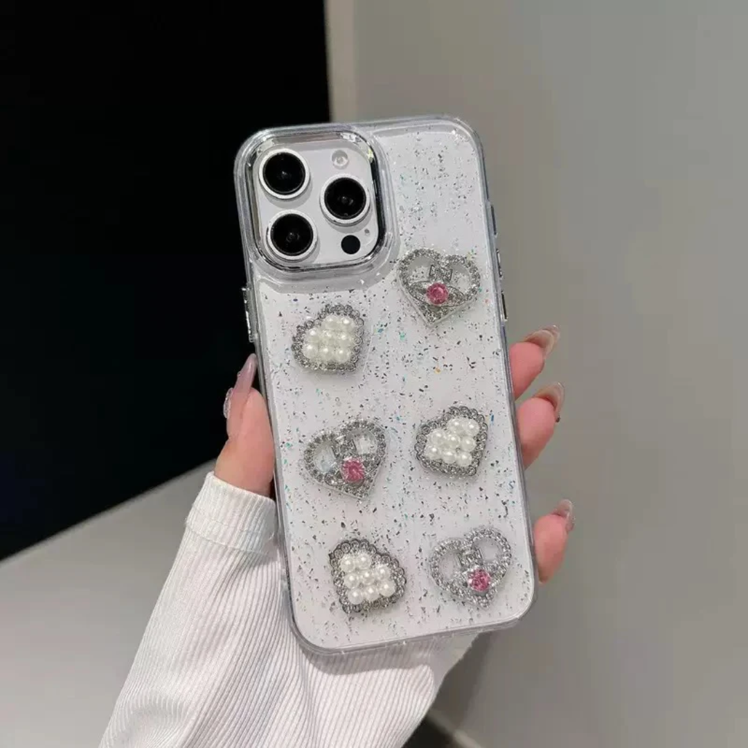 Luxury Diamond Heart Pearl Design Phone case for iphone 17 Pro case Transparent Rhinestone Bows Phone Cover for iphone 16 15 14