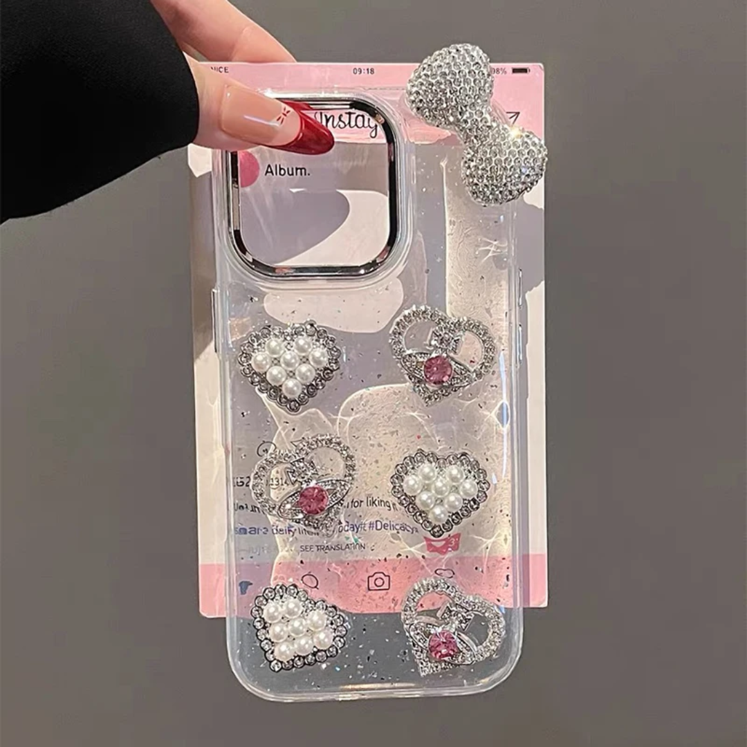 Luxury Diamond Heart Pearl Design Phone case for iphone 17 Pro case Transparent Rhinestone Bows Phone Cover for iphone 16 15 14
