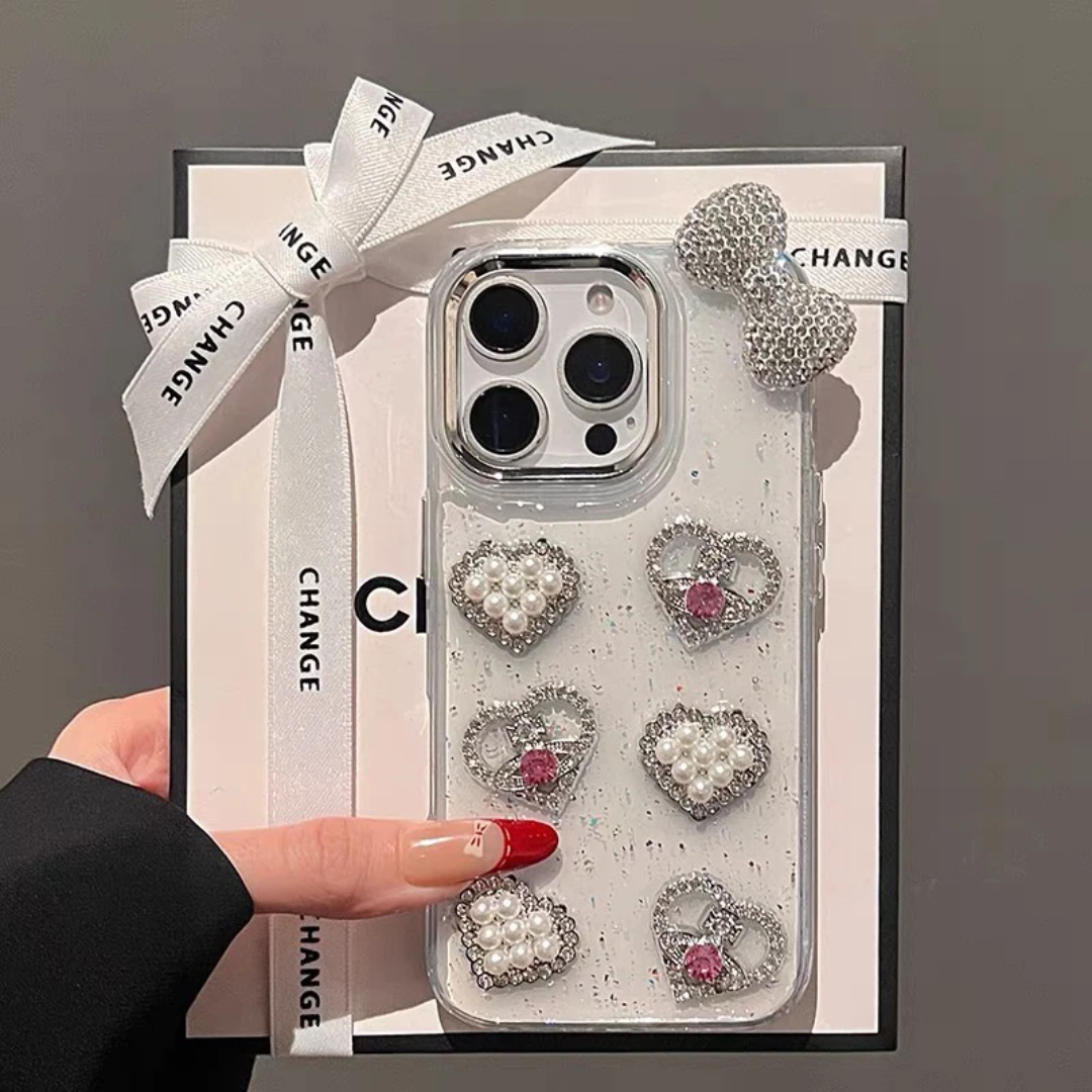 Luxury Diamond Heart Pearl Design Phone case for iphone 17 Pro case Transparent Rhinestone Bows Phone Cover for iphone 16 15 14