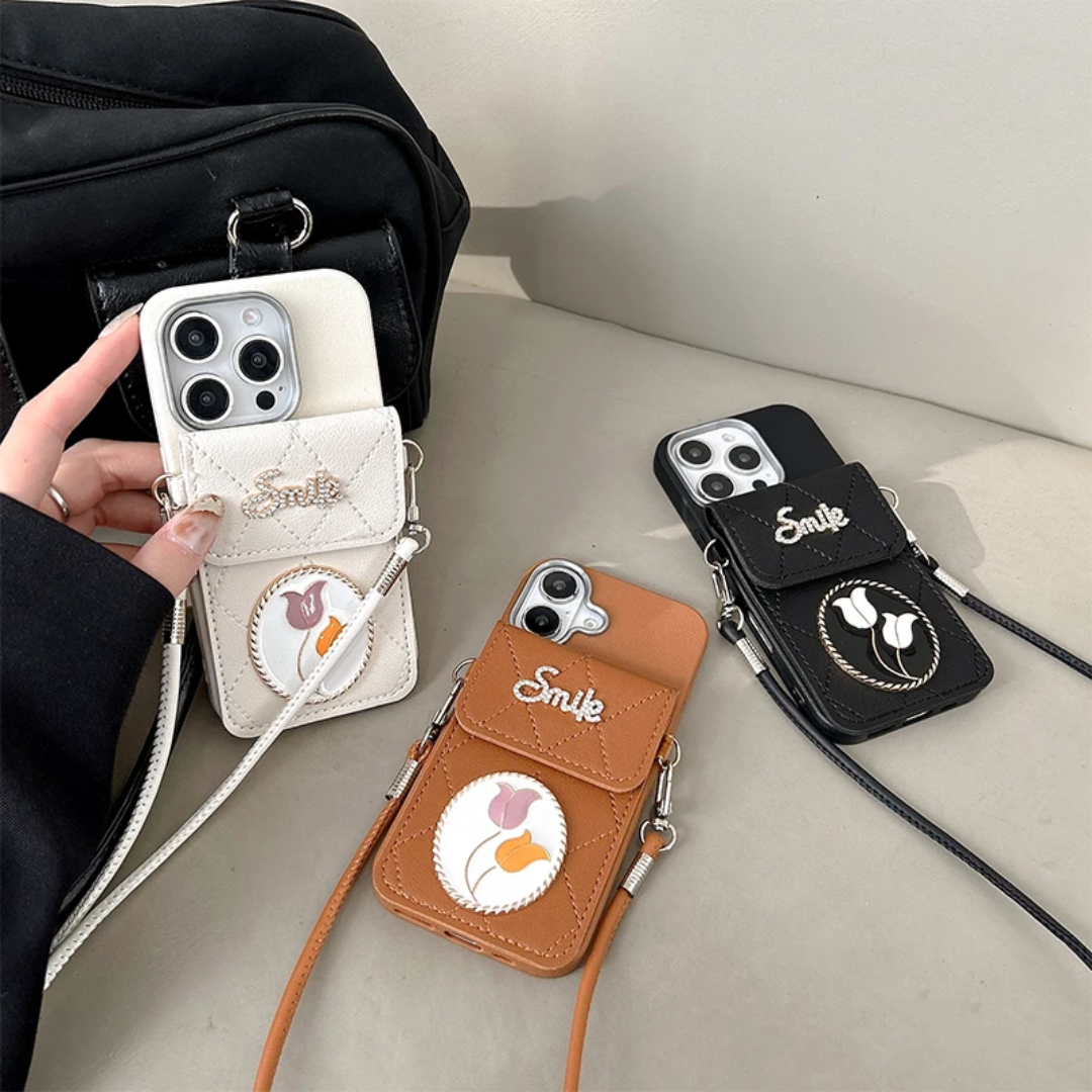 Metal Tulip Crossbody Purse Card Holder Pu Leather Fashion Silicone Tpu Mobile Phone Cases for iPhone 17 Promax 15 Plus 13 12 14