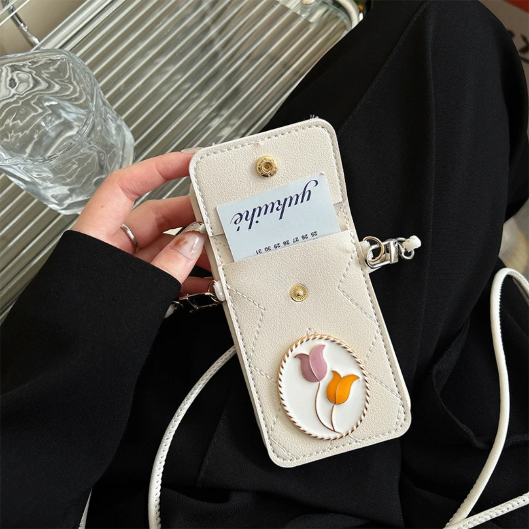Metal Tulip Crossbody Purse Card Holder Pu Leather Fashion Silicone Tpu Mobile Phone Cases for iPhone 17 Promax 15 Plus 13 12 14