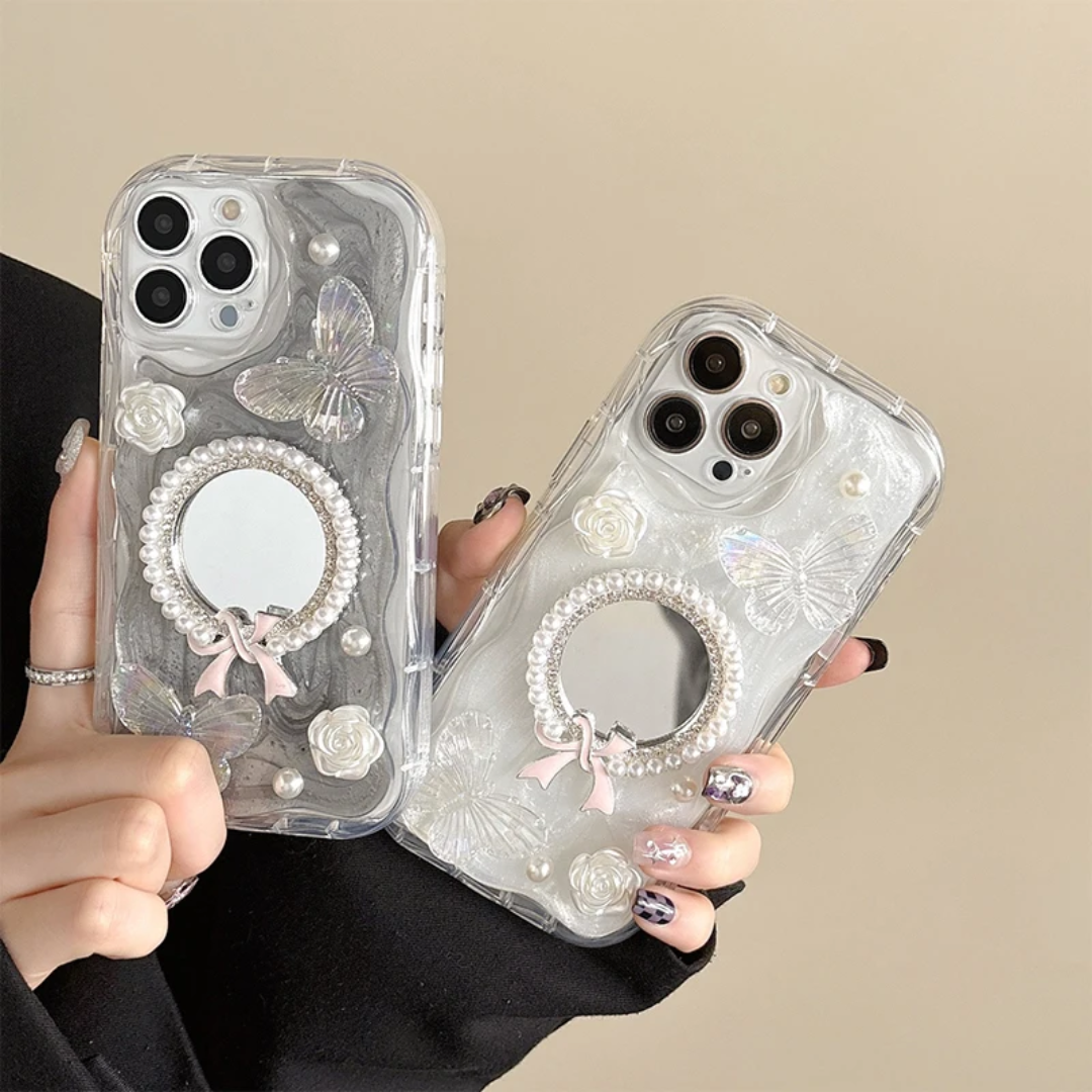Bowknot Mirror Pearl Flower Makeup Mirror Glitter butterfly Phone case