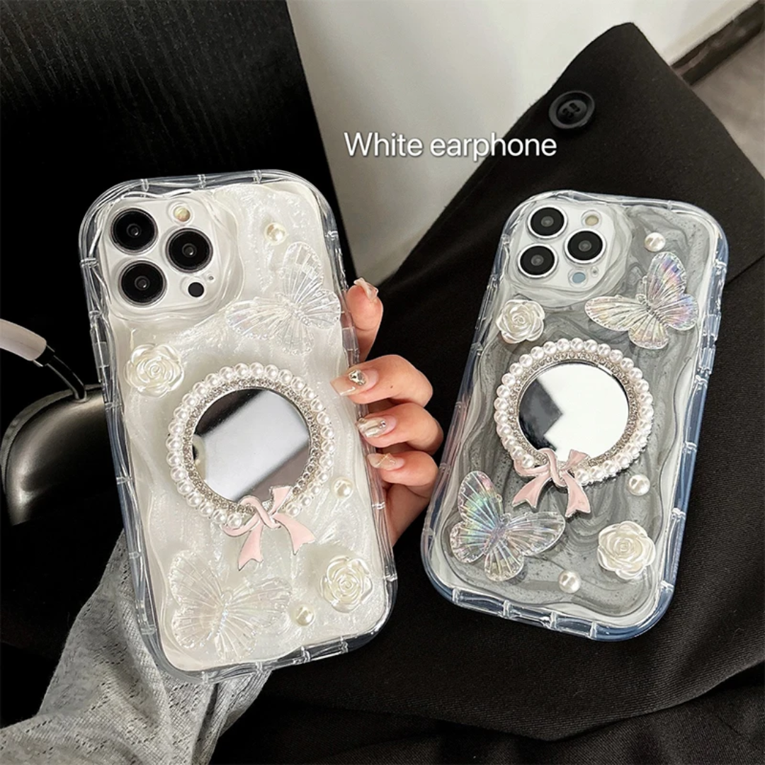 Bowknot Mirror Pearl Flower Makeup Mirror Glitter butterfly Phone case