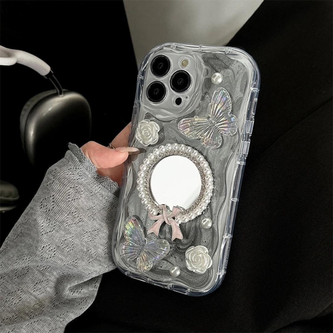 Bowknot Mirror Pearl Flower Makeup Mirror Glitter butterfly Phone case