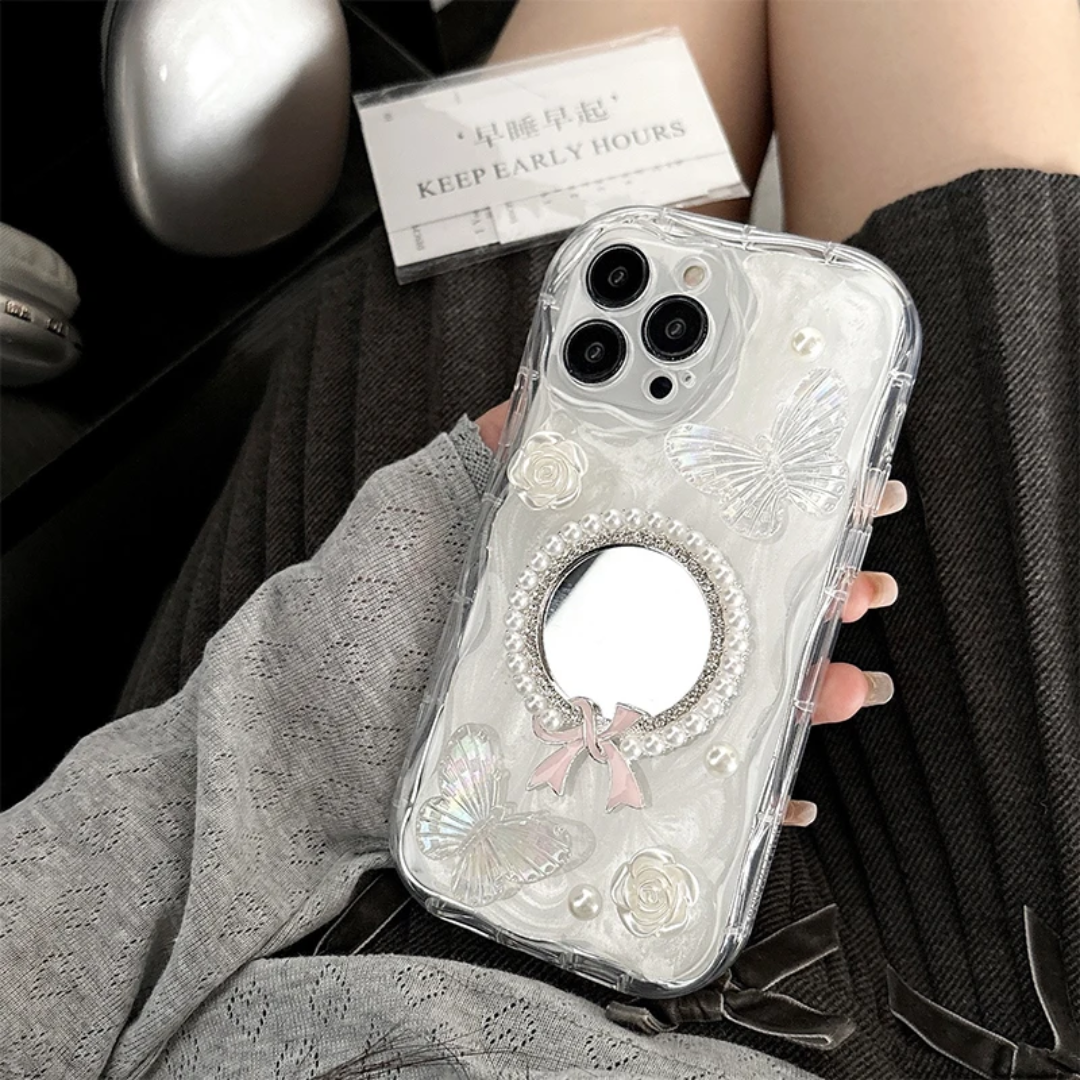 Bowknot Mirror Pearl Flower Makeup Mirror Glitter butterfly Phone case