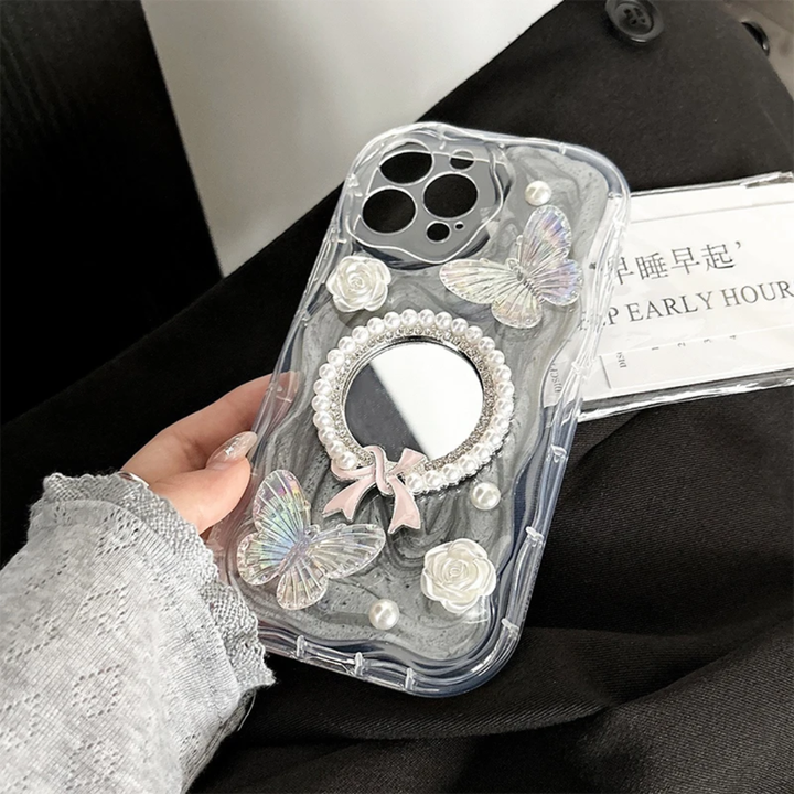 Bowknot Mirror Pearl Flower Makeup Mirror Glitter butterfly Phone case