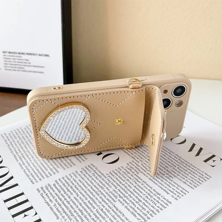 Coin Purse Card Holder Flower Heart Mirror Crossbody Strap and Anti Drop Protection Phone