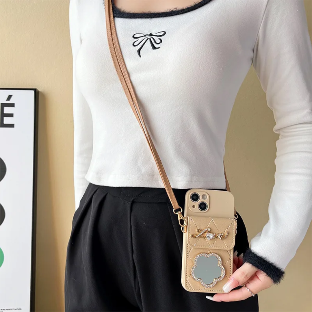 Coin Purse Card Holder Flower Heart Mirror Crossbody Strap and Anti Drop Protection Phone