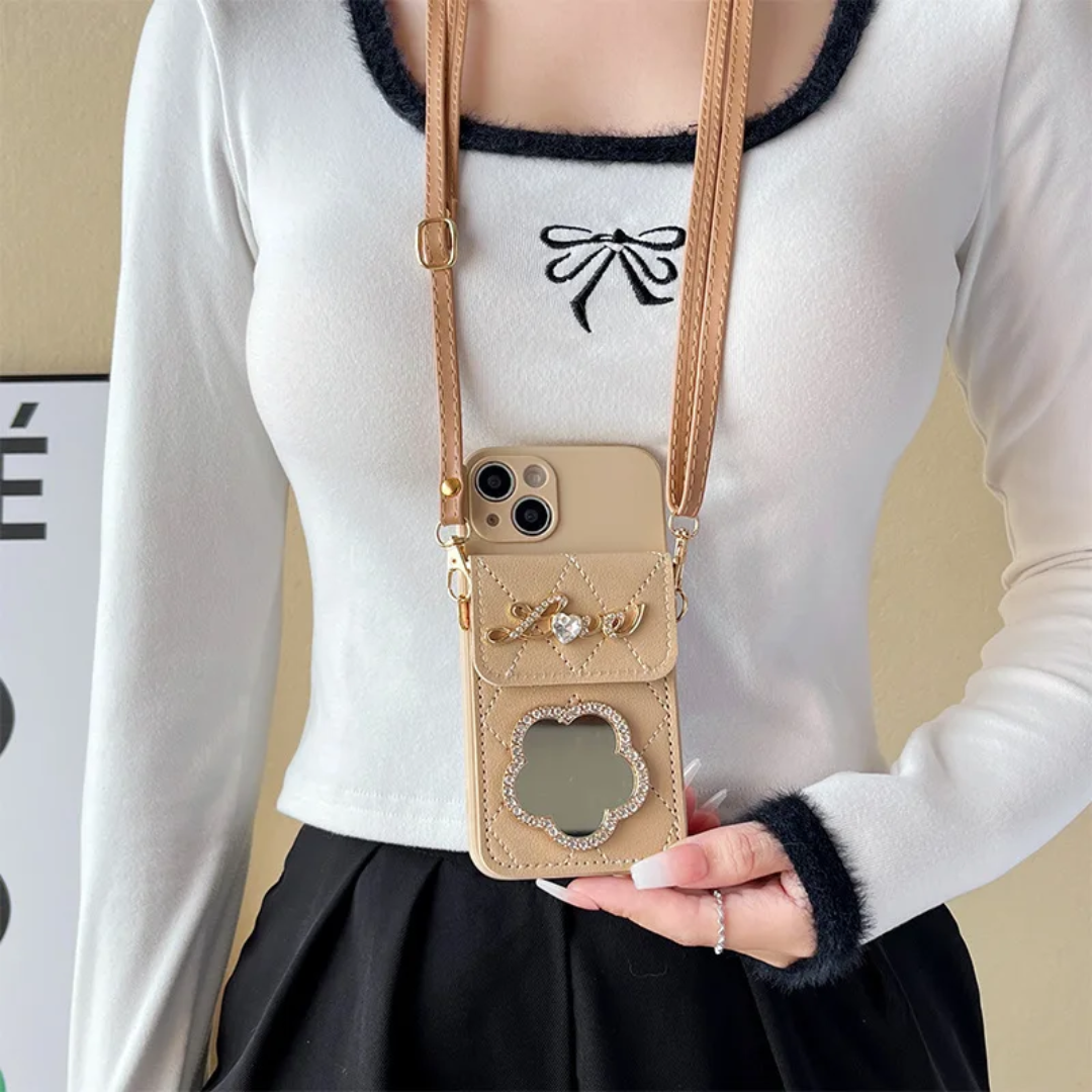 Coin Purse Card Holder Flower Heart Mirror Crossbody Strap and Anti Drop Protection Phone