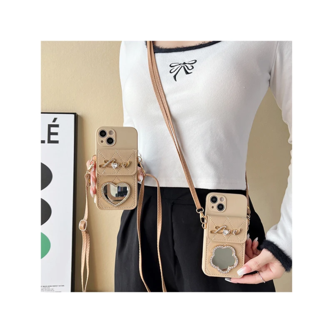 Coin Purse Card Holder Flower Heart Mirror Crossbody Strap and Anti Drop Protection Phone