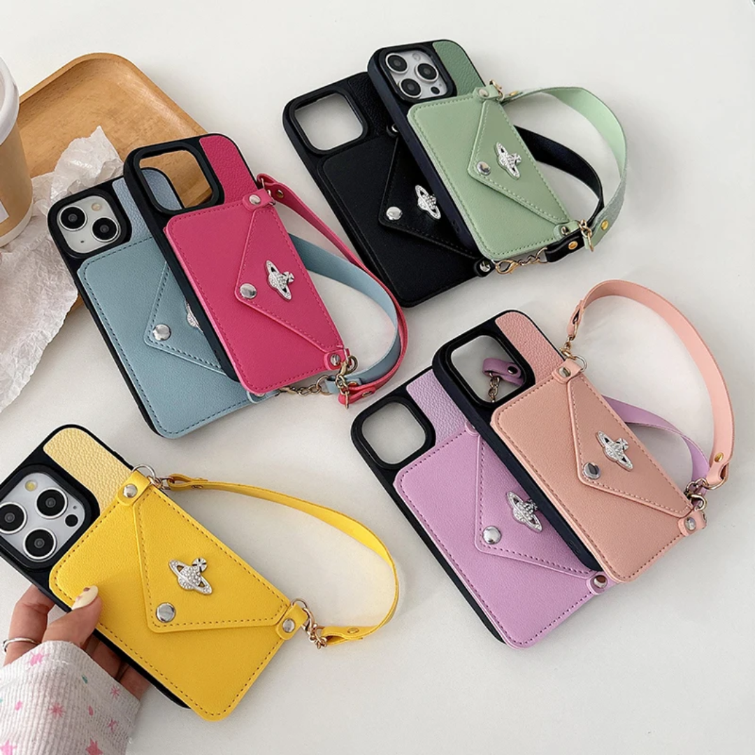 Solid Color Fashion Card Slots Wallet With Hand Rope Women's Leather Phone Case
