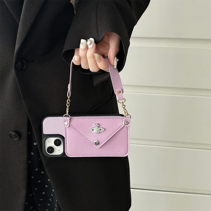 Solid Color Fashion Card Slots Wallet With Hand Rope Women's Leather Phone Case