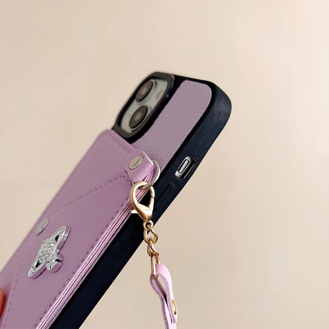 Solid Color Fashion Card Slots Wallet With Hand Rope Women's Leather Phone Case