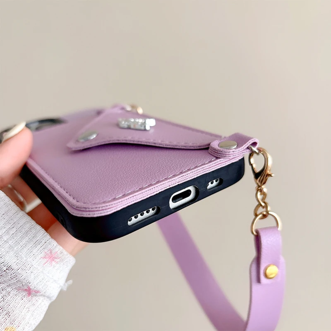 Solid Color Fashion Card Slots Wallet With Hand Rope Women's Leather Phone Case